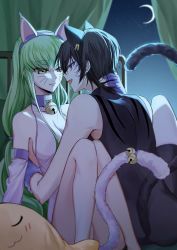 Rule 34 | 1boy, 1girl, :d, absurdres, animal ears, bell, black bodysuit, black hair, black hairband, blue eyes, blue hairband, bodysuit, breasts, breasts apart, c.c., cat ears, cat tail, cheese-kun, code geass, couple, crescent moon, detached sleeves, eye contact, facial mark, fake animal ears, fingerless gloves, gloves, green hair, grin, hairband, hetero, highres, lelouch vi britannia, long hair, looking at another, medium breasts, moon, okuseric, open mouth, profile, purple gloves, short hair, sideboob, smile, tail, tail bell, tail ornament, very long hair, white sleeves, yellow eyes