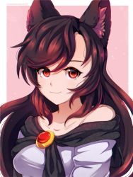 Rule 34 | 1girl, animal ear fluff, animal ears, bare shoulders, border, breasts, brooch, brown hair, collarbone, dress, dungeon toaster, hair between eyes, highres, imaizumi kagerou, jewelry, light blush, light smile, long hair, looking at viewer, medium breasts, off-shoulder dress, off shoulder, outside border, pillarboxed, pink background, red eyes, simple background, solo, swept bangs, touhou, upper body, white border, wolf ears