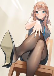 Rule 34 | 1girl, black footwear, black pantyhose, blue eyes, blue nails, blue skirt, blush, breasts, brown hair, chair, closed mouth, commentary request, crossed legs, doushimasho, hand on own knee, high heels, indoors, lanyard, legs, lips, long hair, looking at viewer, medium breasts, miniskirt, mole, mole on cheek, mole under mouth, nail polish, name tag, original, pantyhose, pumps, ribbed sweater, shoe dangle, shoe soles, sitting, skirt, sleeveless, sleeveless sweater, sleeveless turtleneck, solo, sweater, turtleneck, turtleneck sweater