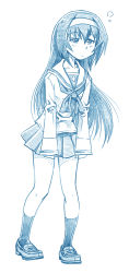 Rule 34 | 1girl, ?, bbb (friskuser), blouse, blue theme, closed mouth, commentary, frown, girls und panzer, hairband, half-closed eyes, highres, leaning forward, loafers, long hair, long sleeves, looking at viewer, miniskirt, monochrome, neckerchief, ooarai school uniform, pleated skirt, reizei mako, school uniform, serafuku, shirt, shoes, skirt, sleepy, sleeves past wrists, socks, solo, standing