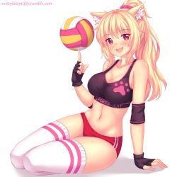 Rule 34 | 1girl, animal ear fluff, animal ears, arm support, ball, blonde hair, blush, breasts, buruma, cat ears, elbow pads, fingerless gloves, gloves, highres, large breasts, long hair, looking at viewer, midriff, navel, nottytiffy, open mouth, original, ponytail, red eyes, sitting, solo, sports bra, thighhighs, tiffy (nottytiffy), volleyball (object), watermark, web address, white background