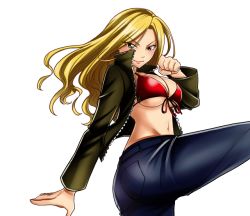 Rule 34 | 1girl, bikini, bikini top only, blonde hair, breasts, cleavage, jacket, julia (rave master), large breasts, long hair, looking at viewer, navel, official art, open clothes, open jacket, rave, smile, swimsuit, underboob