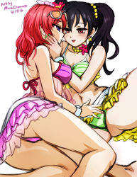 Rule 34 | 2girls, ass, barefoot, bikini, black hair, blush, bracelet, breasts, dated, eye contact, eyewear on head, finger in another&#039;s mouth, flower, frilled skirt, frills, grabbing another&#039;s chin, green nails, hair bobbles, hair flower, hair ornament, hand on another&#039;s chin, jewelry, kneepits, looking at another, love live!, love live! school idol festival, love live! school idol project, medium breasts, medium hair, mina cream, miniskirt, multiple girls, nail polish, navel, nishikino maki, purple eyes, red eyes, red hair, simple background, skirt, small breasts, spread legs, sunglasses, swimsuit, twintails, white background, yazawa nico, yuri