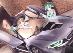 Rule 34 | 2girls, ahoge, animal, bad id, bad pixiv id, black footwear, black hat, blonde hair, bmw, bmw i8, car, cat, chestnut mouth, closed mouth, collared shirt, commentary request, drill hair, glowing, green eyes, green hair, green skirt, hair ribbon, hat, highres, leg up, long hair, long sleeves, lying, magic circle, mini hat, mini witch hat, motor vehicle, multiple girls, on stomach, on vehicle, original, parted lips, pleated skirt, purple eyes, purple ribbon, ribbon, sagaradai, shirt, shoes, skirt, smile, standing, twin drills, underbust, vehicle focus, white shirt, witch, witch hat
