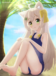 Rule 34 | 1girl, absurdres, ahoge, animal ear fluff, animal ears, artist name, backlighting, bare shoulders, barefoot, beach, blonde hair, blue one-piece swimsuit, blue sky, blurry, blurry background, blush, bow, cat ears, cat girl, cloud, collarbone, day, feet, female focus, fish hair ornament, flat chest, green eyes, hair bow, hair ornament, hairclip, hands on own knees, hands up, hazakura hinata, heterochromia, highres, knees together feet apart, knees up, legs, long hair, looking at viewer, one-piece swimsuit, open mouth, original, outdoors, sand, sidelocks, signature, sitting, sky, solo, sunlight, swimsuit, thighs, toes, tree, yellow bow, yellow eyes