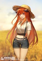 Rule 34 | 1girl, :d, absurdres, alternate costume, arknights, arms behind back, bagpipe (arknights), black shorts, blunt bangs, blurry, blurry background, blush, breasts, brown hat, cowboy shot, day, depth of field, dragon horns, field, hat, highres, horns, jewelry, long hair, looking at viewer, medium breasts, midriff, navel, necklace, open mouth, orange hair, outdoors, purple eyes, qinglai haiji, shirt, short shorts, short sleeves, shorts, skindentation, smile, solo, straight hair, straw hat, suspender shorts, suspenders, thigh gap, very long hair, white shirt