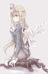 Rule 34 | 1girl, angel wings, ass, black pantyhose, blonde hair, blue dress, blue eyes, boots, chain, dress, gloves, highres, juliet sleeves, kneeling, long sleeves, original, over-kneehighs, pantyhose, pointy ears, puffy sleeves, side slit, simple background, solo, thighhighs, thighs, tiara, touma kisa, white gloves, white thighhighs, wings