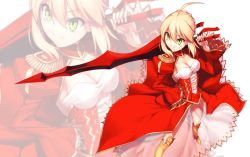 Rule 34 | 10s, 1girl, aestus estus, ahoge, blonde hair, breasts, cleavage, dress, epaulettes, fate/extra, fate (series), green eyes, hair ribbon, kaiza (rider000), nero claudius (fate), nero claudius (fate), nero claudius (fate/extra), ribbon, solo, sword, weapon, zoom layer