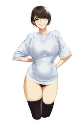 Rule 34 | 1girl, black panties, black thighhighs, blueorca, blush, bra visible through clothes, breasts, cowboy shot, highres, large breasts, long hair, looking at viewer, meme, original, pajamas challenge, panties, shirt, short sleeves, simple background, smile, solo, t-shirt, thighhighs, underwear, white background