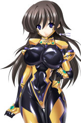 Rule 34 | 1girl, absurdres, blush, bodysuit, breasts, brown hair, covered erect nipples, covered navel, gluteal fold, hair ribbon, highres, large breasts, long hair, muv-luv, muv-luv alternative, muv-luv total eclipse, open mouth, pilot suit, purple eyes, ribbon, shiny clothes, simple background, skin tight, solo, standing, takamura yui, teeth, very long hair, white background, yakkey
