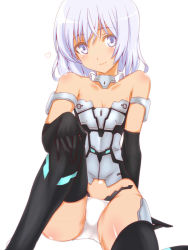 Rule 34 | 10s, 1girl, animal ears, bare shoulders, black gloves, black thighhighs, blue eyes, cat tail, elbow gloves, frame arms girl, gloves, kurokawa (silve), looking at viewer, materia (frame arms girl), mecha musume, panties, silver hair, simple background, sitting, smile, solo, tail, tan, thighhighs, underwear, white background, white panties