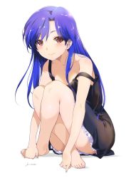 Rule 34 | 1girl, :d, arm support, bare arms, bare legs, bare shoulders, barefoot, black dress, blue hair, blush, breasts, brown eyes, cleavage, collarbone, commentary, convenient leg, crossed legs, dress, feet out of frame, full body, hair between eyes, highres, idolmaster, idolmaster (classic), inoue sora, jewelry, kisaragi chihaya, knees up, long hair, looking at viewer, nightgown, open mouth, ring, signature, simple background, sitting, sleeveless, sleeveless dress, smile, solo, strap slip, toes, white background