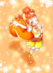 Rule 34 | 10s, 1girl, animal ears, arisugawa himari, arm up, cake hair ornament, choker, cure custard, dress, earrings, elbow gloves, extra ears, food-themed hair ornament, from above, full body, gloves, hair ornament, hand on own hip, highres, jewelry, kirakira precure a la mode, kneehighs, light particles, magical girl, one eye closed, orange background, orange eyes, orange footwear, orange hair, orange theme, ponytail, precure, red neckwear, shoes, short hair, socks, solo, sparkle, squirrel ears, squirrel tail, standing, tail, toko (tenerezza666), white gloves, yellow dress, yellow socks