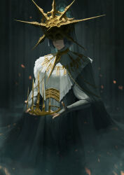 Rule 34 | 1boy, absurdres, closed mouth, covered eyes, crown, dark souls (series), dark souls i, dark sun gwyndolin, dress, feet out of frame, fingerless gloves, gloves, gold headwear, grey dress, grey gloves, helmet, highres, holding, holding crown, long sleeves, smile, solo, spiked helmet, wolf zzzzz