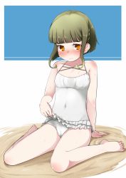 Rule 34 | 1girl, 3:, barefoot, blue background, blush, bob cut, braid, breasts, brown eyes, cameltoe, casual one-piece swimsuit, clothes lift, collarbone, covered navel, full body, green hair, highres, kantai collection, lifting own clothes, looking at viewer, nassukun, one-piece swimsuit, sand, short hair, sidelocks, sitting, skirt, skirt lift, small breasts, solo, sweatdrop, swimsuit, swimsuit skirt, takanami (kancolle), two-tone background, wariza, white background, white one-piece swimsuit