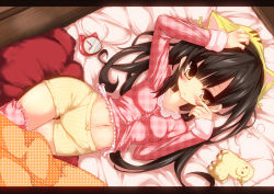 Rule 34 | 1girl, alpaca, animal ears, animal hat, arm up, bad id, bad pixiv id, bed, black hair, blanket, blunt bangs, blush, bow, boxer briefs, breasts, brown eyes, cat hat, clock, clothes pull, cowboy shot, dutch angle, fake animal ears, frills, from above, hand on own head, hat, indoors, lace, letterboxed, long hair, long sleeves, looking at viewer, lying, male underwear, midriff, navel, on back, on bed, orange eyes, original, pajamas, pants, pants pull, plaid, polka dot, shirt, shugami, sleeve cuffs, small breasts, solo, stuffed animal, stuffed toy, thigh gap, thighs, underwear, wooden floor