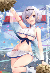 Rule 34 | 1girl, :d, arm up, armlet, azur lane, bare shoulders, boots, breasts, cheerleader, commentary, crop top, crop top overhang, grey hair, groin, hairband, highres, holding, holding pom poms, joko jmc, large breasts, leg up, looking at viewer, midriff, miniskirt, navel, open mouth, pleated skirt, pom pom (cheerleading), pom poms, purple eyes, reno (azur lane), reno (biggest little cheerleader) (azur lane), see-through, shirt, short hair, skirt, sleeveless, sleeveless shirt, smile, solo, stomach, thighs, underboob, white shirt, white skirt