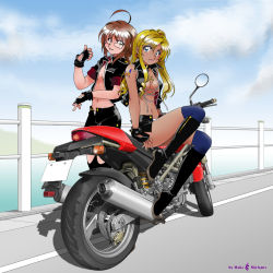 Rule 34 | 2girls, ahoge, artist name, blonde hair, blue eyes, boots, bra, bracelet, breasts, brown eyes, brown hair, cleavage, cloud, day, fingerless gloves, full body, ganguro, glasses, gloves, gun, handgun, jewelry, lipstick, long hair, looking at viewer, makeup, maki michaux, medium breasts, misakitchi, motor vehicle, motorcycle, multiple girls, navel, one eye closed, original, pistol, side ponytail, sitting, small breasts, smile, tan, tattoo, thigh boots, thighhighs, underwear, vehicle, weapon