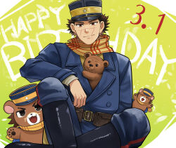 Rule 34 | 1boy, animal, animal ears, animal in clothes, bear, bear boy, bear ears, birthday, brown fur, crossed ankles, facial scar, fangs, fangs out, feet out of frame, furrification, furry, furry male, golden kamuy, happy birthday, hat, kepi, looking at viewer, male focus, military hat, nonoki33, scar, scar on cheek, scar on face, scar on nose, short hair, smile, sugimoto saichi