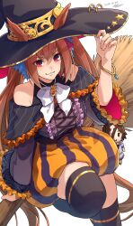 Rule 34 | 1girl, absurdres, alternate costume, animal ears, bare shoulders, black hat, black shirt, black thighhighs, bow, bowtie, bracelet, breasts, broom, broom riding, brown hair, bubble skirt, character doll, closed mouth, daiwa scarlet (umamusume), dated, ears through headwear, fang, fang out, feet out of frame, gashitani, halloween costume, hand on headwear, hat, highres, horse ears, horse girl, horse tail, jewelry, large breasts, long hair, long sleeves, looking at viewer, off-shoulder shirt, off shoulder, orange skirt, red eyes, shirt, signature, simple background, skin fang, skirt, smile, solo, tail, thighhighs, twintails, umamusume, vodka (umamusume), white background, witch hat