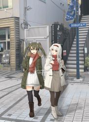 Rule 34 | 2girls, black legwear, boots, brown footwear, brown scarf, coat, commentary request, cross-laced footwear, dress, full body, green coat, grey skirt, highres, kantai collection, lace-up boots, looking at viewer, multiple girls, official alternate costume, orikoshi shino, pantyhose, photo background, pleated skirt, red sweater, ribbed dress, scarf, shoukaku (kancolle), sign, skirt, standing, sweater, sweater vest, thighhighs, white coat, white dress, white footwear, zuikaku (kancolle)