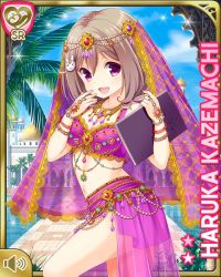 Rule 34 | 1girl, :d, arabian clothes, bare arms, bare legs, belly dancer, brown hair, rabbit hair ornament, character name, day, girlfriend (kari), hair ornament, hairclip, kazemachi haruka, looking at viewer, midriff, official art, open mouth, outdoors, pink eyes, qp:flapper, red headwear, short hair, smile, solo, tagme, veil
