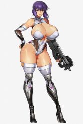 Rule 34 | 1girl, breasts, bullpup, ghost in the shell, ghost in the shell stand alone complex, gun, gurimjang, high-capacity magazine, high heels, highres, horizontal magazine, huge breasts, kusanagi motoko, p90, personal defense weapon, revealing clothes, solo, submachine gun, weapon, white background