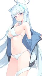 Rule 34 | 1girl, absurdres, animal ear fluff, animal ears, bare shoulders, bikini, blue archive, blue eyes, blue hair, blunt bangs, blush, breasts, cat tail, closed mouth, collarbone, cowboy shot, finger to mouth, hair ornament, halo, halterneck, hand up, headphones, highres, index finger raised, jacket, kemonomimi mode, korean commentary, large breasts, long hair, long sleeves, looking at viewer, mechanical halo, meunhongcha, navel, noa (blue archive), off shoulder, open clothes, open jacket, purple eyes, shushing, sideboob, simple background, smile, solo, standing, stomach, string bikini, swimsuit, tail, thighs, undressing, very long hair, white background, white bikini