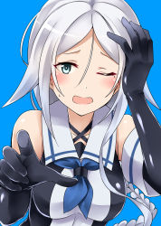 Rule 34 | 10s, 1girl, black gloves, blue background, blue eyes, blue neckerchief, braid, breasts, detached sleeves, elbow gloves, gloves, hand on own head, highres, kamelie, kantai collection, long hair, looking at viewer, medium breasts, mole, mole under eye, neckerchief, one eye closed, open mouth, school uniform, serafuku, silver hair, simple background, single braid, solo, sweat, umikaze (kancolle), upper body
