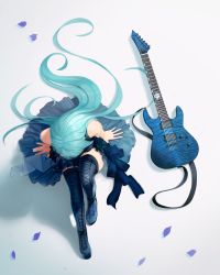 Rule 34 | 10s, 1girl, arms at sides, bang dream!, bare arms, bare shoulders, black dress, black flower, black footwear, black rose, blue eyes, boots, commentary request, cross-laced footwear, dress, electric guitar, flower, from above, full body, guitar, highres, hikawa sayo, instrument, knee up, korean commentary, lace-up boots, long hair, npt shizuka, petals, rose, sitting, sleeveless, sleeveless dress, solo, striped, thigh boots, thighhighs, vertical stripes, very long hair