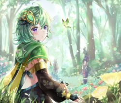 Rule 34 | 1girl, bag, baggy clothes, black shirt, bug, butterfly, capelet, cloak, collei (genshin impact), crystalfly (genshin impact), forest, genshin impact, green capelet, green hair, hat, insect, looking at viewer, looking back, nature, purple eyes, satchel, shirt, short hair, solo, vision (genshin impact), wavy hair, yuyu (spika)