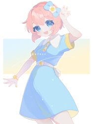 Rule 34 | 1girl, :d, anzen robo (474zz), arm up, artist name, blue background, blue bow, blue dress, blue eyes, blush, bow, bracelet, brown hair, buttons, collared dress, commentary request, cowboy shot, crossed bangs, doki doki literature club, dress, fingernails, flower, flower bracelet, gradient background, hair between eyes, hair bow, hair flower, hair intakes, hair ornament, highres, jewelry, looking at viewer, nail polish, open mouth, ribbon, sayori (doki doki literature club), short hair, short sleeves, sidelocks, simple background, smile, solo, standing, twitter username, white background, white ribbon, wing collar, yellow background, yellow nails