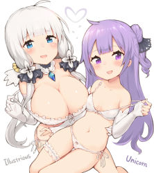 Rule 34 | 2girls, :d, azur lane, bare shoulders, black ribbon, blue eyes, bow, bow bra, bow panties, bra, breasts, character name, cleavage, collarbone, commentary request, elbow gloves, fingerless gloves, gloves, hair bun, hair ornament, hair ribbon, heart, illustrious (azur lane), large breasts, lifting own clothes, looking at viewer, mole, mole under eye, multiple girls, navel, one side up, open mouth, panties, popo (java sparrow 512), purple eyes, purple hair, ribbon, side-tie panties, side bun, silver hair, simple background, single hair bun, single side bun, small breasts, smile, strap lift, underwear, underwear only, unicorn (azur lane), white background, white bra, white gloves, white panties