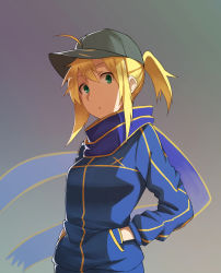 Rule 34 | 1girl, :o, ahoge, artoria pendragon (fate), baseball cap, blonde hair, blue scarf, fate (series), green eyes, hands in pockets, hat, highres, jacket, long sleeves, looking at viewer, mysterious heroine x (fate), ponytail, rojiura satsuki : chapter heroine sanctuary, saber (fate), scarf, simple background, solo, track jacket, tsukamoto minori