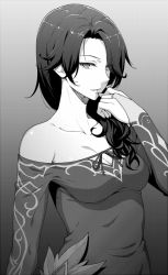 Rule 34 | 1girl, :d, bare shoulders, black hair, breasts, cinder fall, cleavage, collarbone, dress, finger to mouth, greyscale, half-closed eyes, hiroya juuren, long hair, long sleeves, looking at viewer, medium breasts, monochrome, off-shoulder dress, off shoulder, open mouth, parted lips, rwby, smile