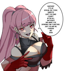 Rule 34 | 1340smile, 1girl, bare shoulders, birthday, blunt bangs, breasts, cleavage, commentary, earrings, english text, female focus, fire emblem, fire emblem: three houses, gloves, hilda valentine goneril, hoop earrings, jewelry, large breasts, long hair, matching hair/eyes, nintendo, pink eyes, pink hair, pink lips, red gloves, simple background, solo, speech bubble, upper body, very long hair, white background, yandere