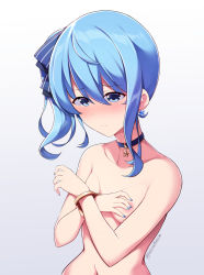 Rule 34 | 1girl, blue eyes, blue hair, blush, breasts, covering breasts, covering privates, cuffs, handcuffed, handcuffs, highres, hololive, hoshimachi suisei, maullarmaullar, nipples, nude, side ponytail, small breasts, solo, upper body, virtual youtuber