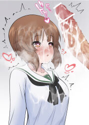 1boy 1girl absurdres arararajru36 blush breasts brown_eyes brown_hair bukkake censored cum cum_on_body cum_on_clothes cum_on_hair ejaculation erection facial girls_und_panzer heart heart-shaped_pupils highres large_breasts looking_at_penis nishizumi_miho ooarai_school_uniform open_mouth penis penis_awe sweat symbol-shaped_pupils