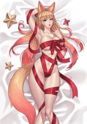 Rule 34 | 1girl, absurdres, ahri (league of legends), alternate eye color, alternate hair color, animal ears, arm up, armpits, artist name, blanket, blonde hair, blue eyes, blush, breast press, breasts, cleavage, commentary request, dakimakura (medium), feet out of frame, female focus, fox ears, fox tail, from above, gradient hair, highres, indoors, karmiel, knees together feet apart, large breasts, league of legends, legs together, light blush, light smile, lipstick, long hair, looking at viewer, lying, makeup, multicolored hair, naked ribbon, navel, on back, on bed, parted lips, red hair, red lips, red ribbon, ribbon, solo, star guardian (league of legends), star guardian ahri, tail, thigh gap, thighs, very long hair