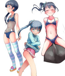 Rule 34 | 10s, 1girl, bikini, bikini under clothes, black hair, blue eyes, casual one-piece swimsuit, character chart, character sheet, costume chart, fantasista doll, frilled swimsuit, frills, highres, inflatable toy, jacket, long hair, multiple views, navel, nyama, one-piece swimsuit, sandals, side ponytail, slippers, striped clothes, striped thighhighs, swimsuit, swimsuit under clothes, thighhighs, track jacket, ukiwa (fantasista doll), undressing, whistle