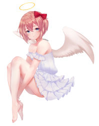 Rule 34 | 1girl, angel wings, bare legs, blue eyes, blush, bow, closed mouth, commentary, commission, doki doki literature club, dress, english commentary, frilled dress, frills, full body, hair between eyes, hair bow, halo, hugging own legs, knees up, looking at viewer, off-shoulder dress, off shoulder, pink hair, red bow, sayori (doki doki literature club), scar, scar on neck, short dress, short hair, simple background, sleeveless, sleeveless dress, smile, solo, tears, temachii, white background, white dress, wings