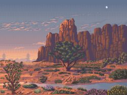 Rule 34 | bush, canyon, cloud, commentary, desert, english commentary, flower, gradient sky, grass, kldpxl, moon, mountain, no humans, original, outdoors, pink flower, pixel art, plant, power lines, purple flower, rock, scenery, sky, star (sky), stream, sunset, transmission tower, tree, twilight, water, yellow flower