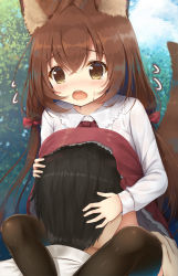 Rule 34 | 1boy, 1girl, animal ear fluff, animal ears, black thighhighs, blush, bow, brown eyes, brown hair, crossed bangs, day, hair bow, head under skirt, long hair, open mouth, original, outdoors, psyche3313, red bow, skirt, tail, thighhighs