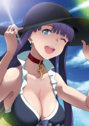 Rule 34 | 1girl, ;d, bare arms, bare shoulders, bikini, bikini top only, black bikini, black hat, blue eyes, blue sky, blunt bangs, breasts, choker, cleavage, cloud, collarbone, cross, day, earrings, fate/grand order, fate (series), frilled bikini, frilled bikini top, frills, hands on headwear, hat, highres, jewelry, large breasts, light rays, long hair, looking at viewer, martha (fate), martha (swimsuit ruler) (fate), martha (swimsuit ruler) (first ascension) (fate), one eye closed, open mouth, pendant, purple hair, puyo (puyotopia), red neckwear, sketch, sky, smile, solo, straight hair, sunbeam, sunlight, swimsuit, upper body