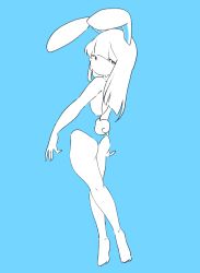 Rule 34 | 1girl, absurdres, animal ears, bare legs, barefoot, blending, blue background, blue theme, fake animal ears, from behind, full body, highres, lemyawn, leotard, limited palette, long hair, looking at viewer, looking back, no mouth, no nose, original, playboy bunny, rabbit ears, rabbit tail, solo, tail, white hair