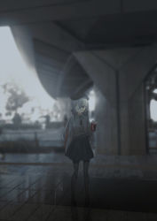 Rule 34 | 1girl, absurdres, black footwear, black pantyhose, black skirt, blurry, blurry background, bridge, can, chihuri, closed mouth, collared shirt, day, depth of field, dress shirt, eve (chihuri), eyepatch, grey eyes, grey hair, grey shirt, hair between eyes, hand up, highres, holding, holding can, loafers, long hair, long sleeves, looking at viewer, medical eyepatch, original, outdoors, pantyhose, shirt, shoes, skirt, solo, standing, very long hair