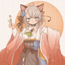 Rule 34 | 1girl, :3, animal ears, arknights, black collar, black skirt, blue eyes, blush, cat ears, cat girl, closed mouth, collar, commentary, dango, dated commentary, flower, food, grey hair, hair flower, hair ornament, hands up, highres, hinagi (windy5637), holding, holding food, infection monitor (arknights), long sleeves, looking at viewer, medium hair, mint (arknights), sanshoku dango, shirt, skirt, solo, upper body, wagashi, white shirt