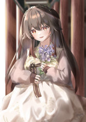 Rule 34 | 1girl, :d, absurdres, alternate costume, architecture, black hair, blurry, bouquet, brown eyes, commentary request, depth of field, east asian architecture, flower, genshin impact, hair between eyes, hair flower, hair ornament, hangul, highres, holding, holding bouquet, hu tao (genshin impact), komiya latte, korean clothes, long hair, long sleeves, looking at viewer, open mouth, pillar, sidelocks, smile, solo, sunlight, symbol-shaped pupils, twintails