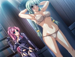 Rule 34 | 00s, 2girls, armpits, arms behind head, arms up, bdsm, blue eyes, blue panties, blush, book, bookshelf, bra, braid, breasts, brown eyes, cleavage, dominatrix, dutch angle, game cg, garter belt, garter straps, glasses, green hair, grey panties, hip focus, ino (magloid), kuroishi ringo, lace, lace bra, lace panties, large breasts, leather, lingerie, liquid (company), long hair, monica brian, multiple girls, non-web source, nora stuart, open mouth, panties, pink hair, ryoujoku guerilla gari, ryoujoku guerilla gari 3, shiny clothes, smile, sweat, thighhighs, twin braids, underwear, underwear only, whip, whip marks, whipping, wide hips