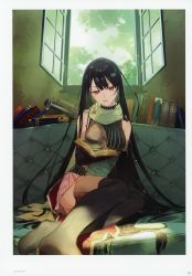 Rule 34 | 1girl, absurdres, atelier (series), atelier firis, bare shoulders, black hair, black thighhighs, book, couch, elbow gloves, gloves, highres, huge filesize, indoors, liane mistlud, long hair, no shoes, noco (adamas), open book, open window, parted lips, reading, red eyes, scan, sitting, skirt, solo, striped clothes, striped thighhighs, sunlight, thighhighs, vertical-striped clothes, vertical-striped thighhighs, very long hair, window, yokozuwari